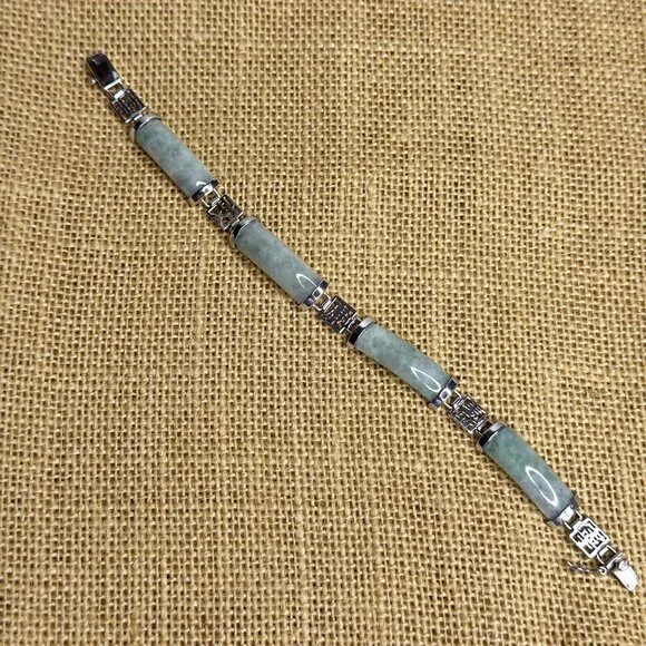 Jade Of Yesteryear Station Bracelet Green Jade Panels Sterling Silver 7.25" Cast - Picture 7 of 14